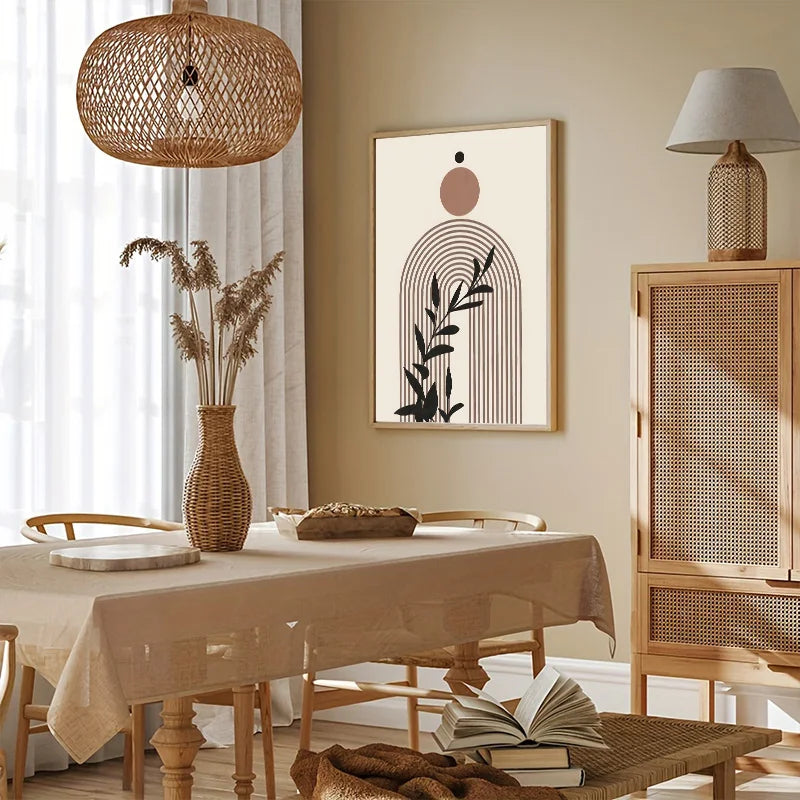 Framed Abstract Beige Bohemian Sun Leaf Poster Nordic Geometric Lines Canvas Painting Living Room Wall Art Home Decoration Mural