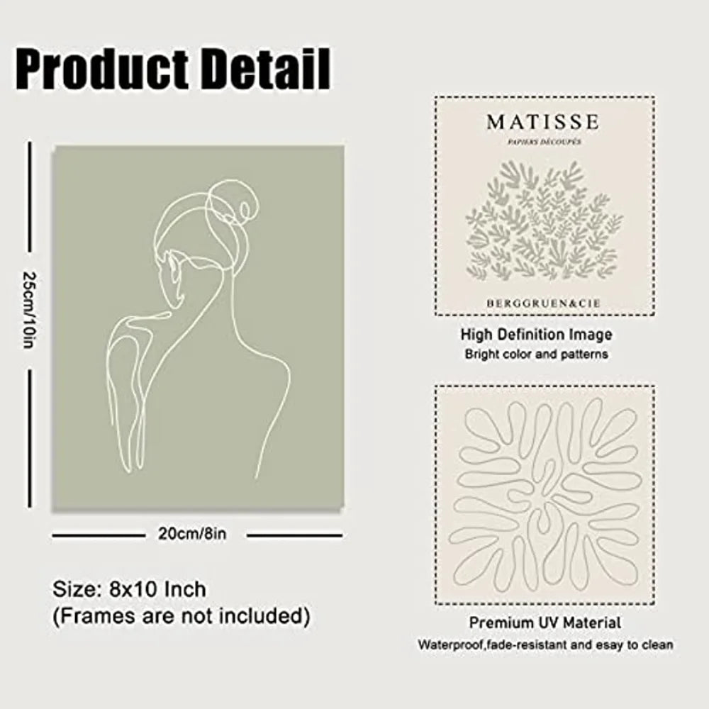 6pcs Sage Green Abstract Matisse Art Exhibition Poster Minimalist Female Human Body Line Art Leaves Bohemian Wall Art