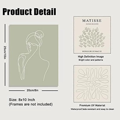 6pcs Sage Green Abstract Matisse Art Exhibition Poster Minimalist Female Human Body Line Art Leaves Bohemian Wall Art
