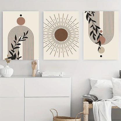 Framed Abstract Beige Bohemian Sun Leaf Poster Nordic Geometric Lines Canvas Painting Living Room Wall Art Home Decoration Mural