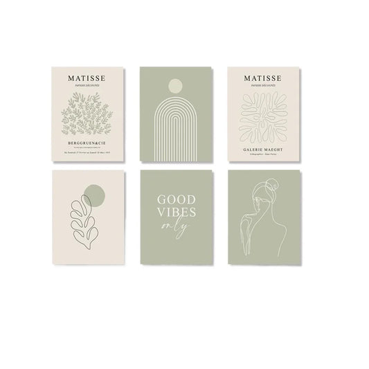 6pcs Sage Green Abstract Matisse Art Exhibition Poster Minimalist Female Human Body Line Art Leaves Bohemian Wall Art