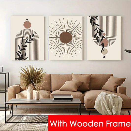Framed Abstract Beige Bohemian Sun Leaf Poster Nordic Geometric Lines Canvas Painting Living Room Wall Art Home Decoration Mural
